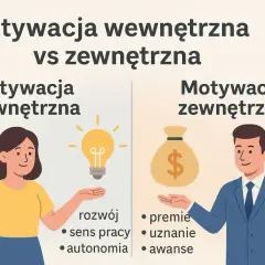 Wewnętrzna motywacja do pracy to rozwój i sens, zewnętrzna to premie i awanse. Ilustracja porównuje te dwa podejścia.