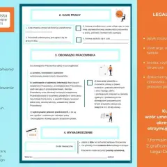 Wzór umowy o pracę na okres próbny z jasnymi punktami i grafikami. Legal Design.