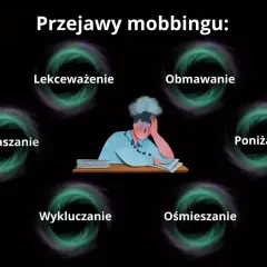 Przejawy mobbingu: lekceważenie, obmawianie, poniżanie, ośmieszanie, wykluczanie, zastraszanie. Zmęczona osoba przy biurku.