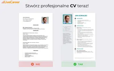 Gotowy wzór CV do wypełnienia z danymi Jana Kowalskiego, zawierający sekcje: dane osobowe, wykształcenie, doświadczenie i umiejętności.