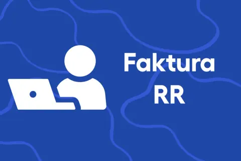 Biała ikona osoby przy laptopie na niebieskim tle. Obok napis "Faktura RR".