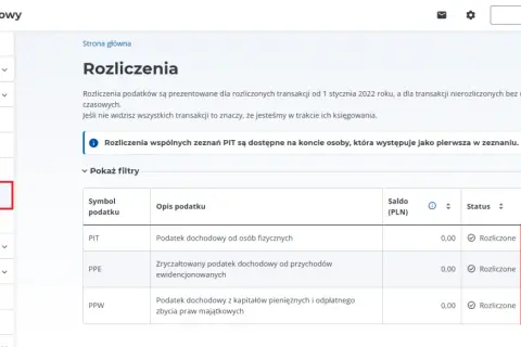 Widok rozliczeń podatkowych w e-Urzędzie Skarbowym. Można tu sprawdzić zaliczki na podatek dochodowy PIT, PPE, PPW.