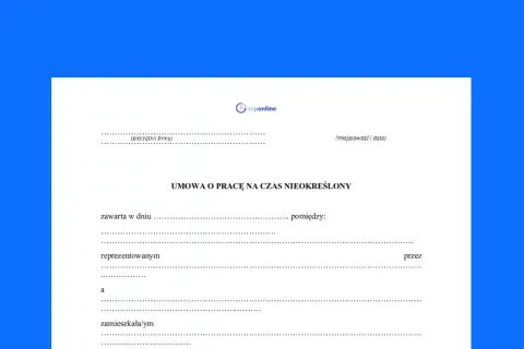 Formularz umowy o pracę na czas nieokreślony. Wypełnij dane firmy, datę i miejsce zawarcia umowy.