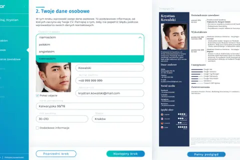 Krystian Kowalski tworzy swoje CV po niemiecku, wpisując dane osobowe i wybierając język.