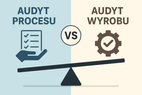 Porównanie: audyt procesu (lista kontrolna na dłoni) vs. audyt wyrobu (koło zębate z zaznaczeniem).