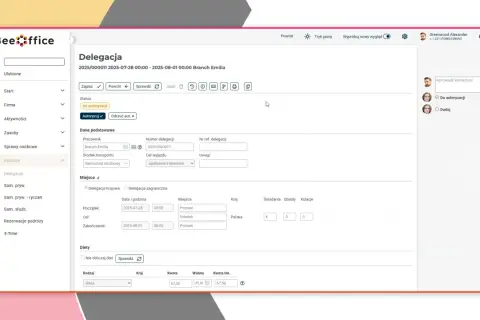 Interfejs aplikacji BeeOffice z formularzem delegacji, widokiem danych pracownika, miejsc i diet.
