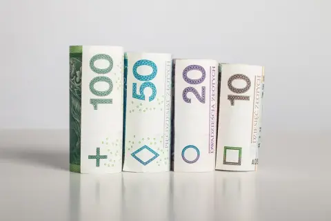 Zrolowane banknoty 100, 50, 20 i 10 złoty symbolizują potencjalną rentowność inwestycji.