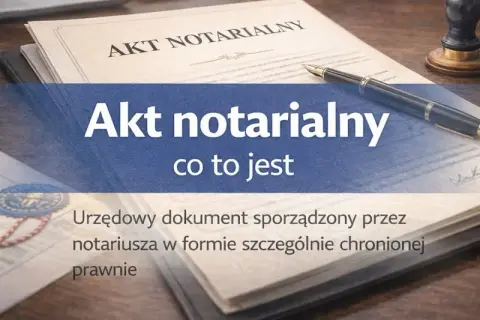 Akt notarialny - urzędowy dokument sporządzony przez notariusza. Na biurku leży pióro, okulary i pieczęć.