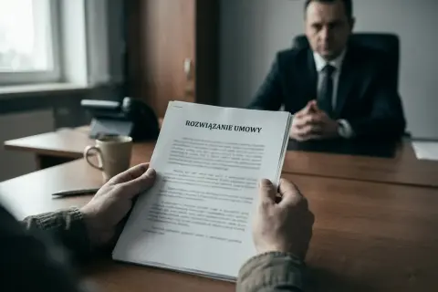 Mężczyzna trzyma dokument "Rozwiązanie umowy", który może być związany z art. 30 kp. W tle siedzi drugi mężczyzna w garniturze.