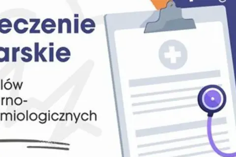 Orzeczenie lekarskie do celów sanitarno-epidemiologicznych. Dokument medyczny z symbolem krzyża i stetoskopem.