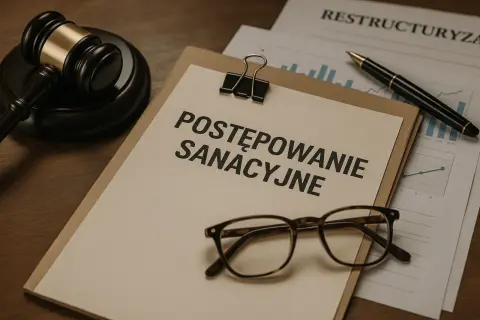 Młotek sędziowski, okulary i dokumenty z napisem "Postępowanie sanacyjne" sugerują prawnicze lub biznesowe działania naprawcze.