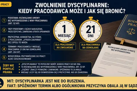 Zwolnienie dyscyplinarne wg art. 52 Kodeksu Pracy: podstawy, terminy (1 miesiąc dla pracodawcy, 21 dni dla pracownika) i roszczenia.