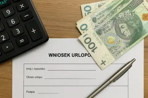 Formularz "Wniosek urlopowy" z długopisem, banknotami 100 zł i kalkulatorem. Czy na umowie zlecenie jest urlop? Sprawdź!