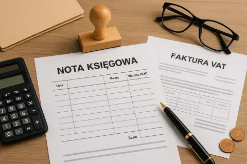 Na biurku leży kalkulator, pieczątka, okulary i dokumenty: nota księgowa oraz faktura VAT.