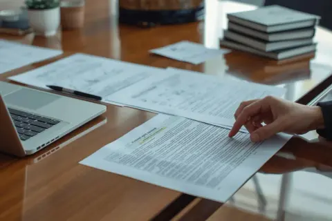 Dłoń pracownika wskazuje na dokument, analizując obowiązki pracodawcy. Obok laptop i stos książek.