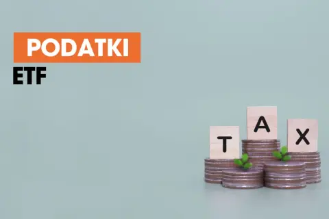PODATKI ETF" i monety z literami "TAX" symbolizują podstawę opodatkowania inwestycji.