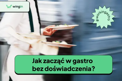 Zwinny kelner z tacami pełnymi jedzenia. Pytanie "Jak zacząć w gastro bez doświadczenia?" sugeruje, że to początek kariery w gastronomii.