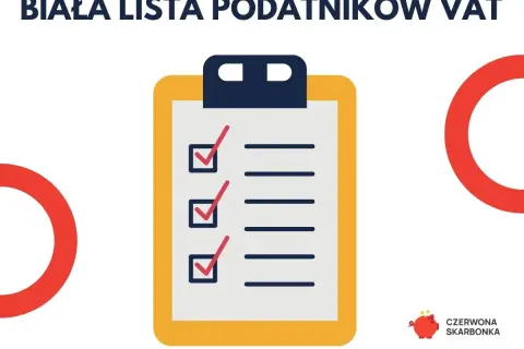 Grafika z nagłówkiem "Biała lista podatników VAT". Na żółtej tablicy znajduje się lista z zaznaczonymi trzema pozycjami.