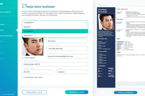 Tworzenie CV po angielsku. Krystian Kowalski uzupełnia dane osobowe, wybiera język angielski.