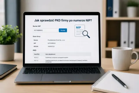 Na ekranie laptopa widoczna jest strona internetowa z pytaniem "Jak sprawdzić PKD firmy po numerze NIP?". Wpisano numer NIP, a poniżej wyświetlają się dane firmy, w tym kody PKD.