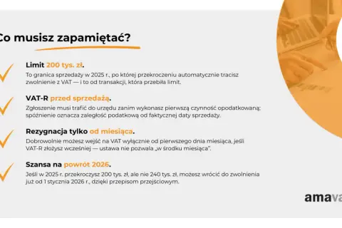 Co musisz zapamiętać o VAT? Limit 200 tys. zł sprzedaży w 2025 r. Zgłoszenie VAT-R przed sprzedażą. Rezygnacja od miesiąca. Powrót do zwolnienia w 2026 r.