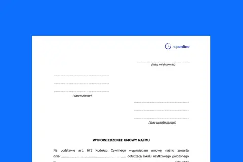 Formularz wypowiedzenie umowy najmu mieszkania. Zawiera pola na dane najemcy, wynajmującego, datę i miejscowość.