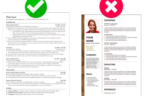 Zielony znacznik wyboru i czerwony znak X na tle dokumentu CV.