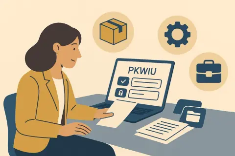 Kobieta przy laptopie z napisem PKWIU sprawdza, czy urlop na żądanie jest płatny. Ikony symbolizują pracę i dokumenty.