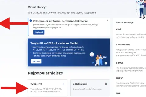 Z menu po lewej wybierz "Twój e-PIT", aby rozliczyć PIT-28, PIT-36, PIT-36L, PIT-37, PIT-38, PIT-OP i PIT-DZ.