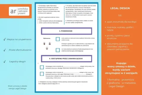 Wzór umowy o dzieło w wersji Legal Design: przejrzysty, zrozumiały, z grafikami. Idealny dla każdego.