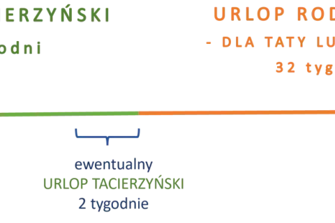 Schemat urlopu macierzyńskiego: 20 tyg. dla mamy, 32 tyg. urlopu rodzicielskiego dla taty lub mamy. Poród i maks. 6 tyg. przed.