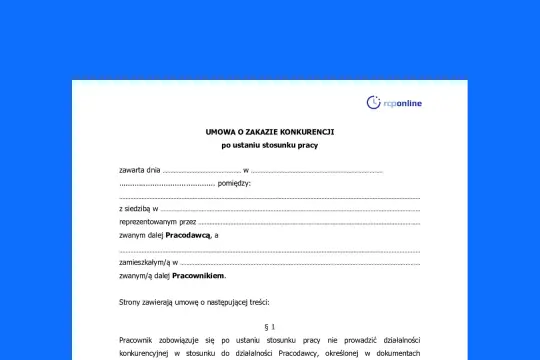 Umowa o zakazie konkurencji po ustaniu stosunku pracy. Dokument zawiera pola do wypełnienia dotyczące stron umowy i jej treści.
