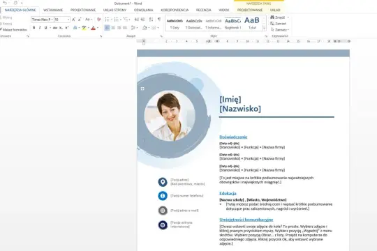 Puste CV do wypełnienia PDF z miejscem na zdjęcie, dane kontaktowe, doświadczenie, edukację i umiejętności.