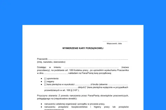 Dokument "Wymierzenie kary porządkowej" to upomnienie dla pracownika, zawierające informacje o nałożonej karze i jej przyczynach.