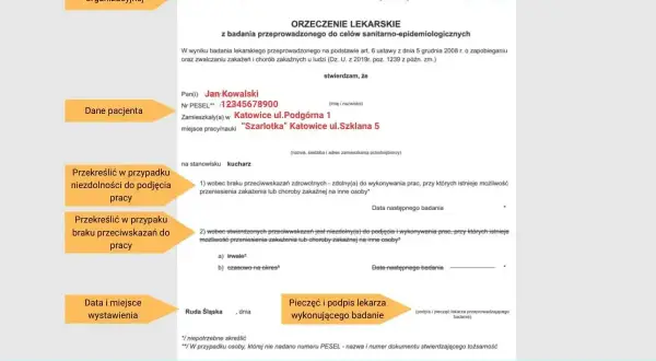 Orzeczenie lekarskie dla Jana Kowalskiego, kucharza, potwierdzające brak przeciwwskazań do pracy. Dokument ten jest częścią procesu wyrobienia książeczki sanepidowskiej.