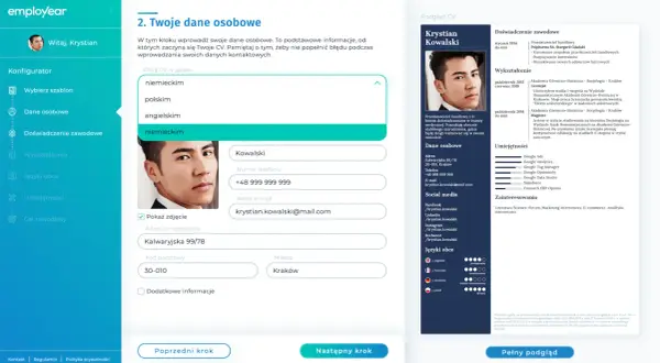 Krystian Kowalski tworzy swoje CV po niemiecku, wpisując dane osobowe i wybierając język.