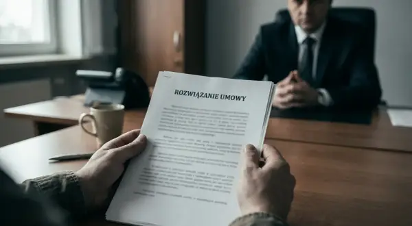 Mężczyzna trzyma dokument "Rozwiązanie umowy", który może być związany z art. 30 kp. W tle siedzi drugi mężczyzna w garniturze.