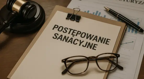 Młotek sędziowski, okulary i dokumenty z napisem "Postępowanie sanacyjne" sugerują prawnicze lub biznesowe działania naprawcze.
