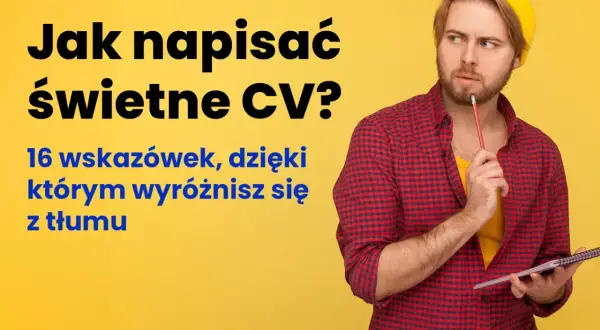 Mężczyzna zamyślony nad pisaniem CV. Pokazuje, jak jego cechy charakteru mogą pomóc w stworzeniu dokumentu, który wyróżni go z tłumu.