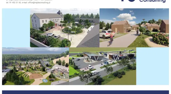 Wizualizacje osiedli domków, centrum rekreacyjnego i stacji ładowania pojazdów. Pfu, jakie to piękne!