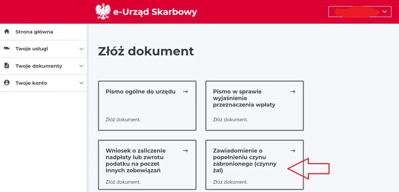 Zawiadomienie o popełnieniu czynu zabronionego (czynny żal) do urzędu skarbowego. Złóż dokument.