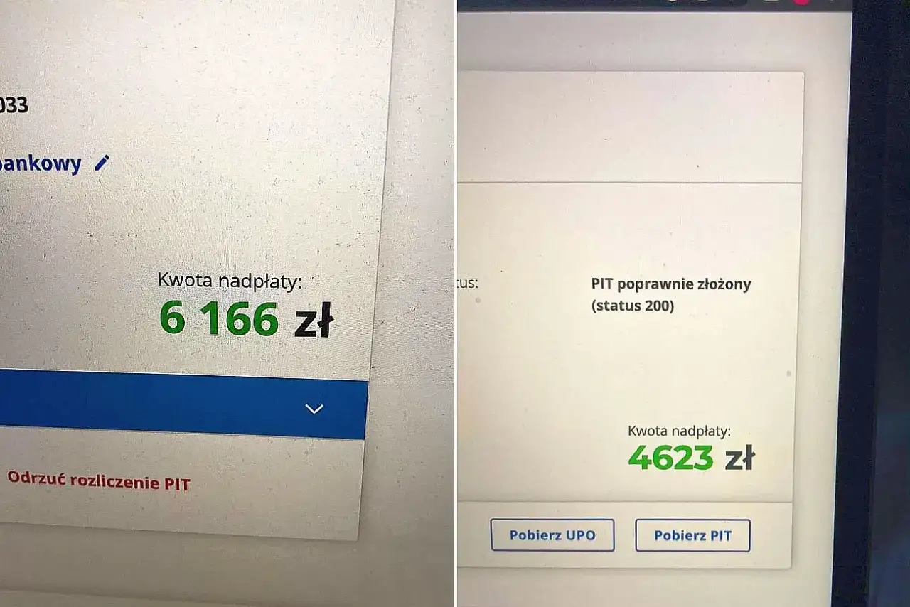 Jak sprawdzić status zwrotu podatku? Widok ekranu z informacją o kwocie nadpłaty 6166 zł i 4623 zł oraz statusem