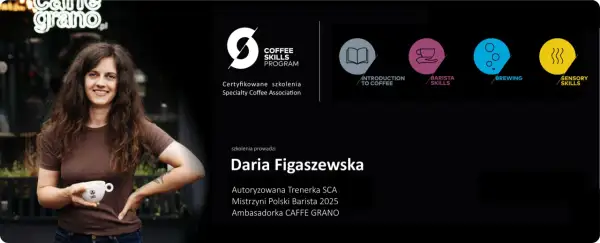 Uśmiechnięta Daria Figaszewska, mistrzyni polska barista, zaprasza na certyfikowane szkolenia z kawy.