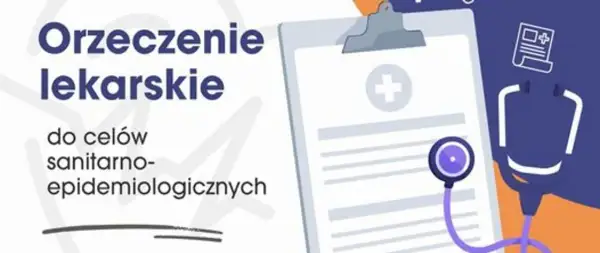 Orzeczenie lekarskie do celów sanitarno-epidemiologicznych. Dokument medyczny z symbolem krzyża i stetoskopem.