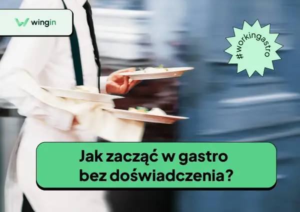 Zwinny kelner z tacami pełnymi jedzenia. Pytanie "Jak zacząć w gastro bez doświadczenia?" sugeruje, że to początek kariery w gastronomii.