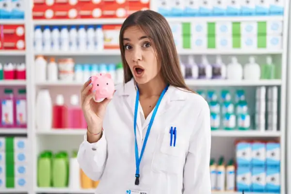 Zaskoczona farmaceutka trzyma skarbonkę, zastanawiając się, ile zarabia farmaceuta.